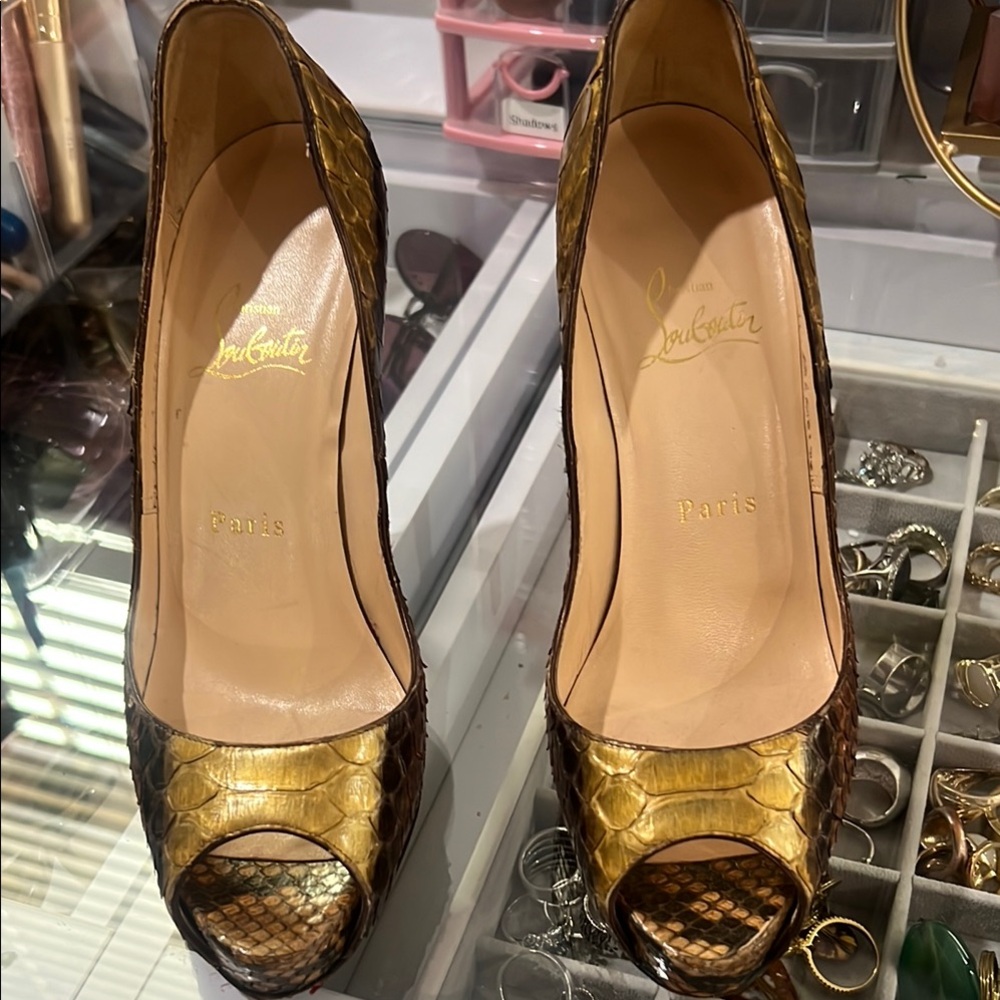 Christian Louboutin Gold Peep-Toe Heels with Decorative Ornament